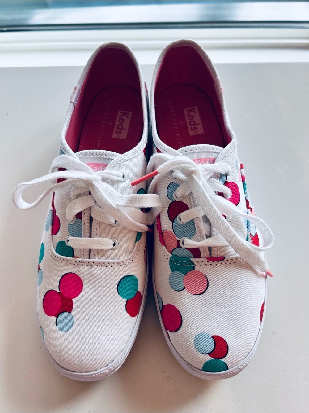 Keds White Canvas Sneakers with Pink and Teal Dot Accents